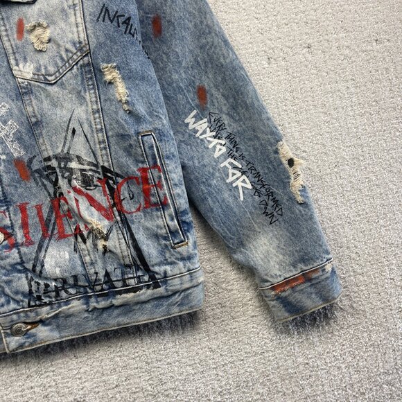 Y2K Zara Denim Punk Emo Goth Graffiti Jacket Sherpa Lined Distressed Men Size S - Picture 4 of 16